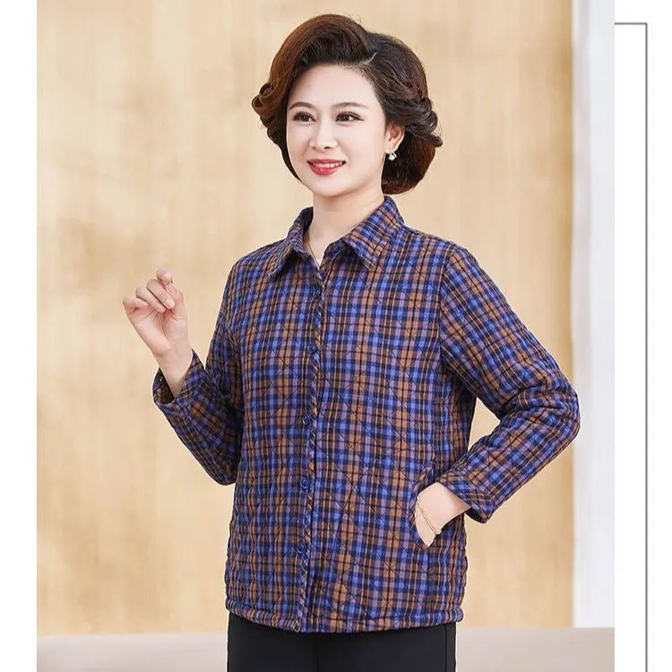 中老年女秋装夹棉衬衫外套老太太纯棉格子上衣奶奶洋气衣服妈妈装