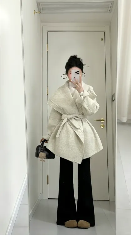 2025秋冬新款千金感气质翻领毛呢收腰外套女搭配休闲裤显瘦两件套