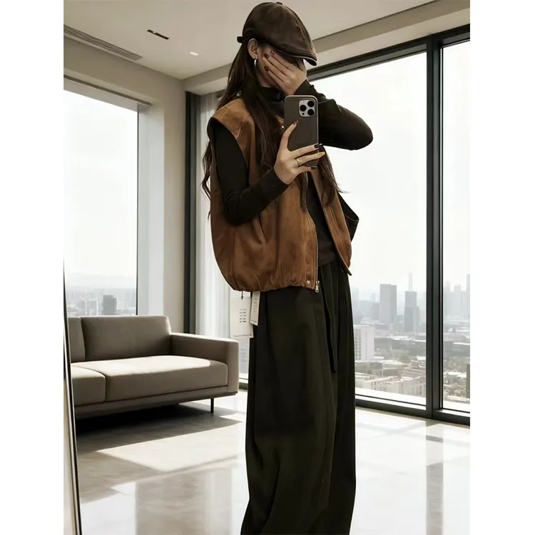 韩系小众复古叠穿马甲女秋冬新款百搭洋气风宽松麂皮绒上衣潮ins