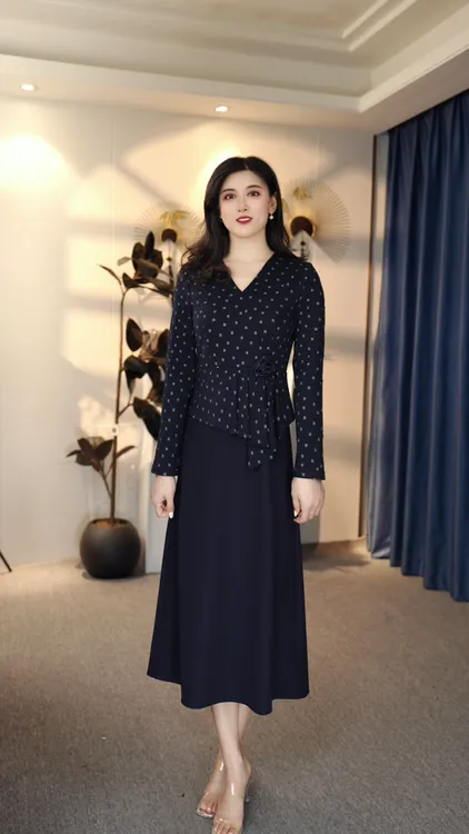 V领裙子宽松腰收腰修身优雅气质秋冬A字裙连衣裙9031