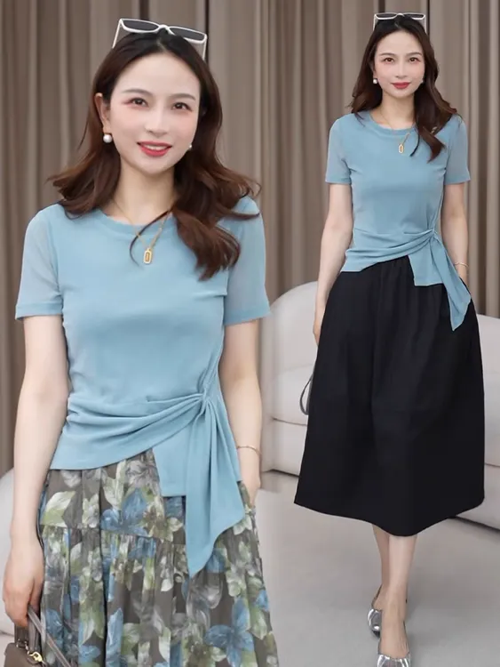 欧货大牌高端蓝色圆领不规则系带短袖2025年夏季新款宽松上衣女