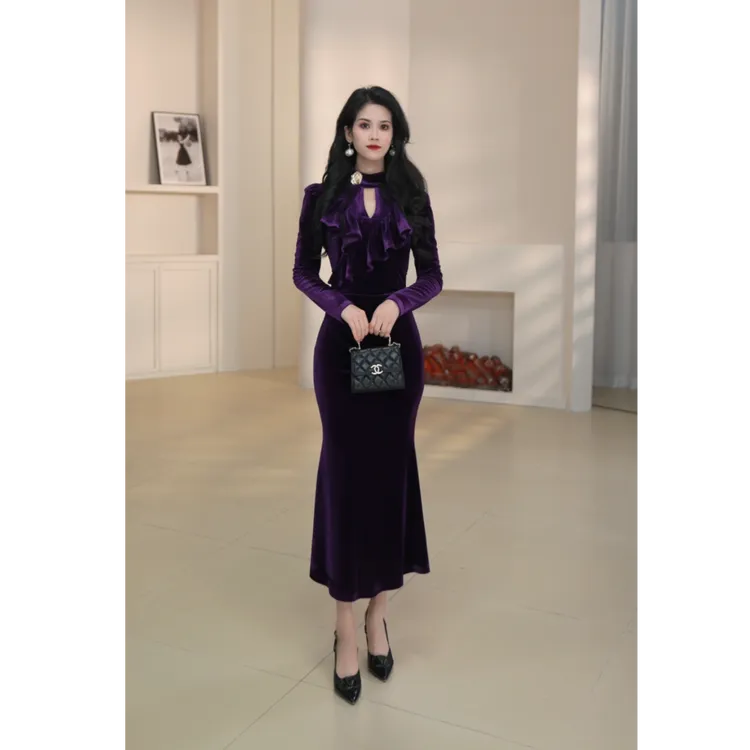 NaiAn/奈安 修身拼接褶皱高腰礼服宴会连衣裙复古开叉长袖 41134