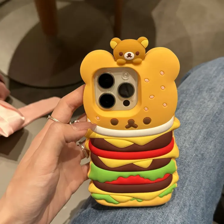 可爱立体汉堡轻松熊适用iPhone15promax趣味16pro手机壳13硅胶13