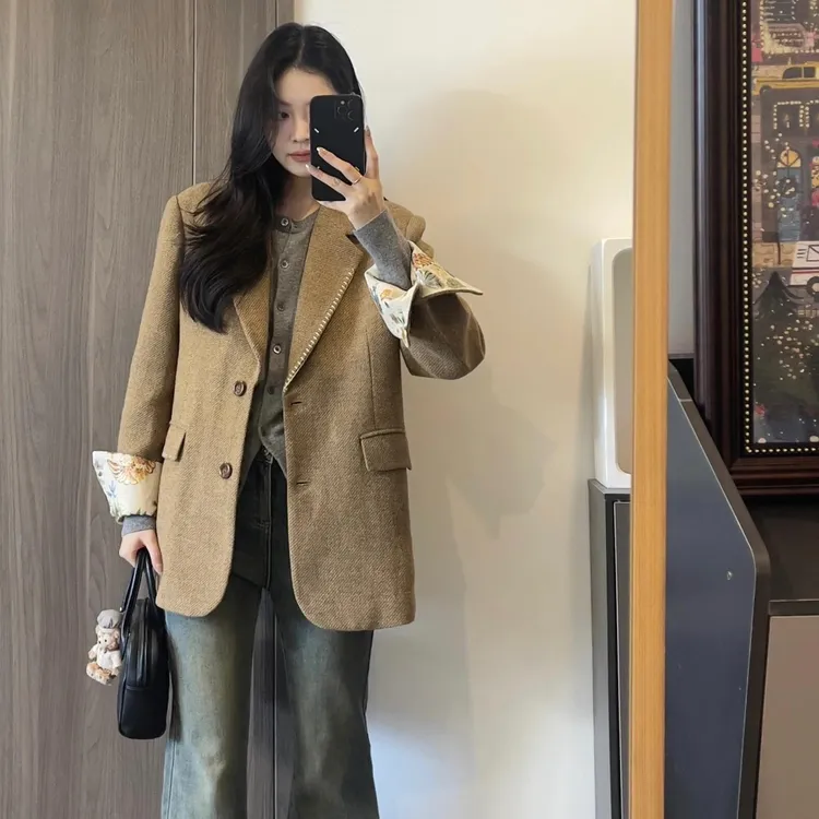 秋冬中长款宽松新款小个子羊毛毛呢呢子大衣西装外套高级感