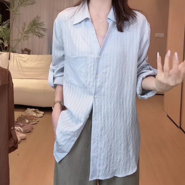 秋季松弛V领通勤休闲宽松高级感翻领衬衫上衣C5937