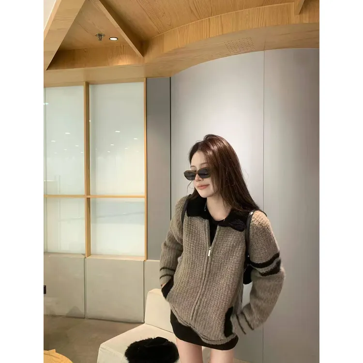 卡布奇诺·混纺加厚毛衣 撞色翻领肌理毛织拉链开衫C 9983#