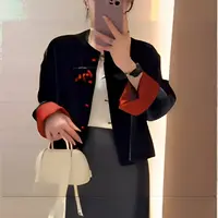821女短外套早秋女款国风丝绒外套复古秋季休闲黑色中式