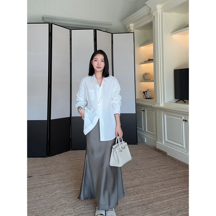 郭九九呢 100%棉简约百搭宽松显瘦衬衫缎面鱼尾半身裙 G925C13946