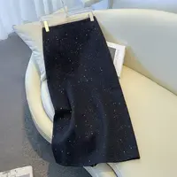 La babite黑色亮片半身裙2025秋新款高腰中长款直筒a字包臀裙