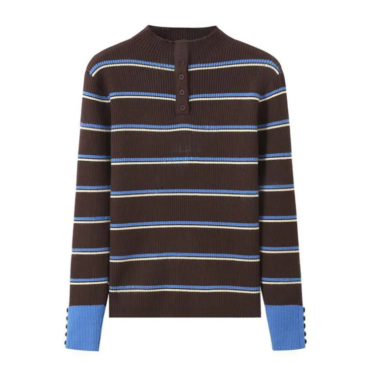 韩系条纹撞色纽扣半高领长袖打底针织衫女洋气减龄套头毛衣K1-74