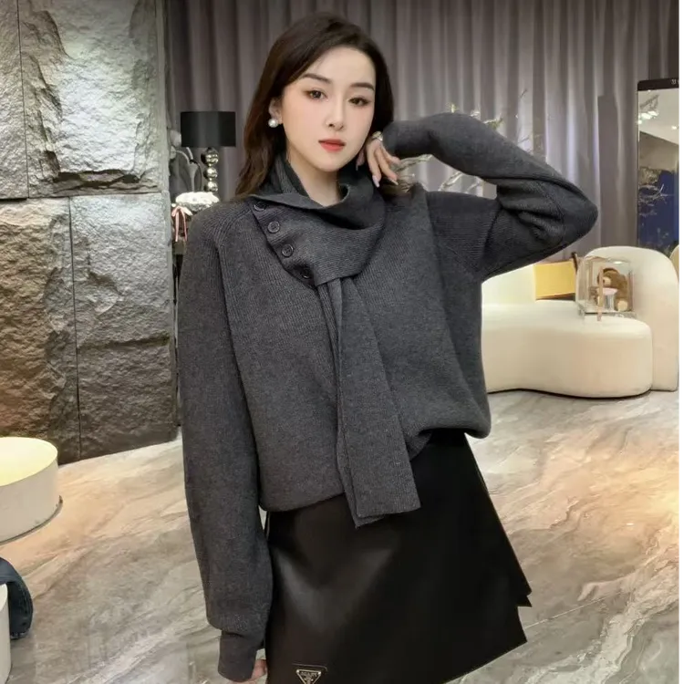 2383秋冬新款潮流设计感围巾领毛衣韩系穿搭高级感针织衫内搭