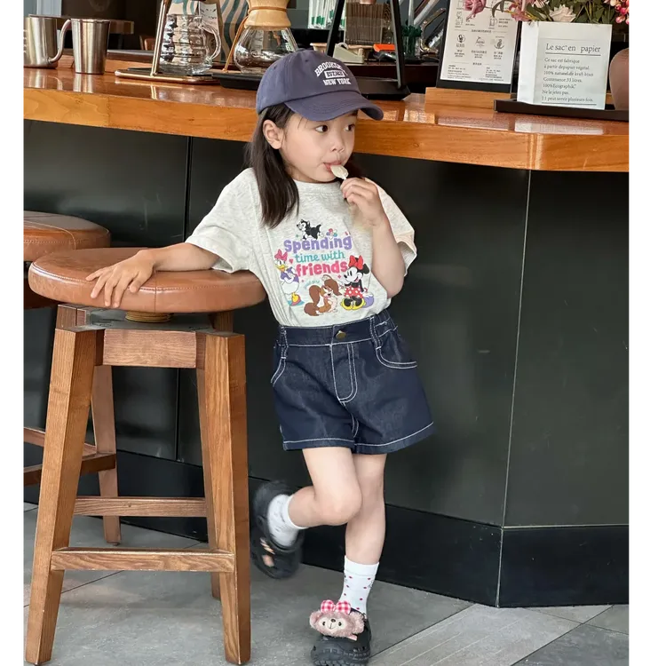 壹妈童装套装2025夏季新款简约可爱百搭白色卡通印花短袖牛仔短裤