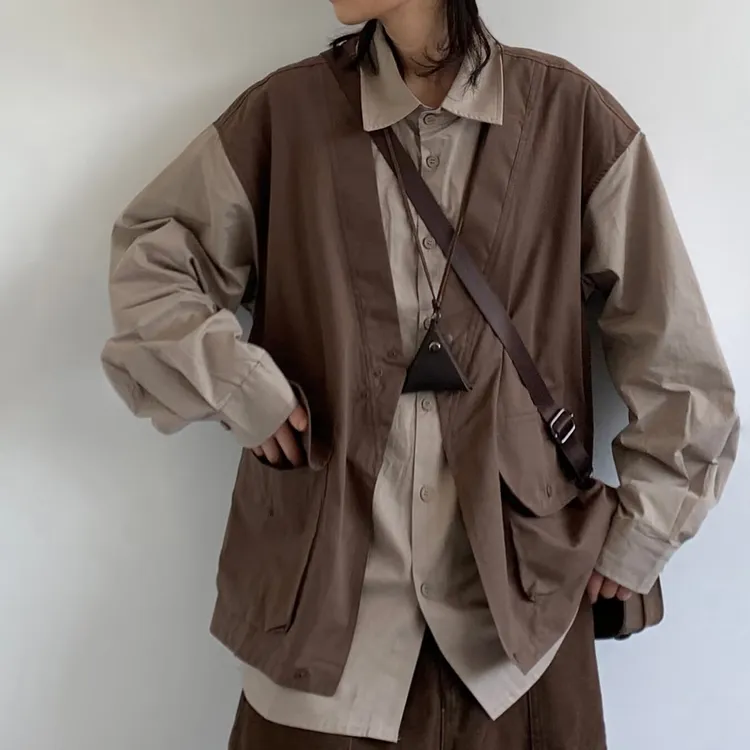 春秋新款日系复古假两件工装衬衫男宽松大口袋百搭拼接潮衬衣外套