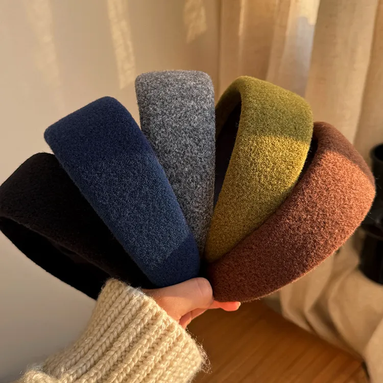 韩国复古纯色毛呢宽边发箍女秋冬高颅顶外出百搭头箍脸发卡头饰