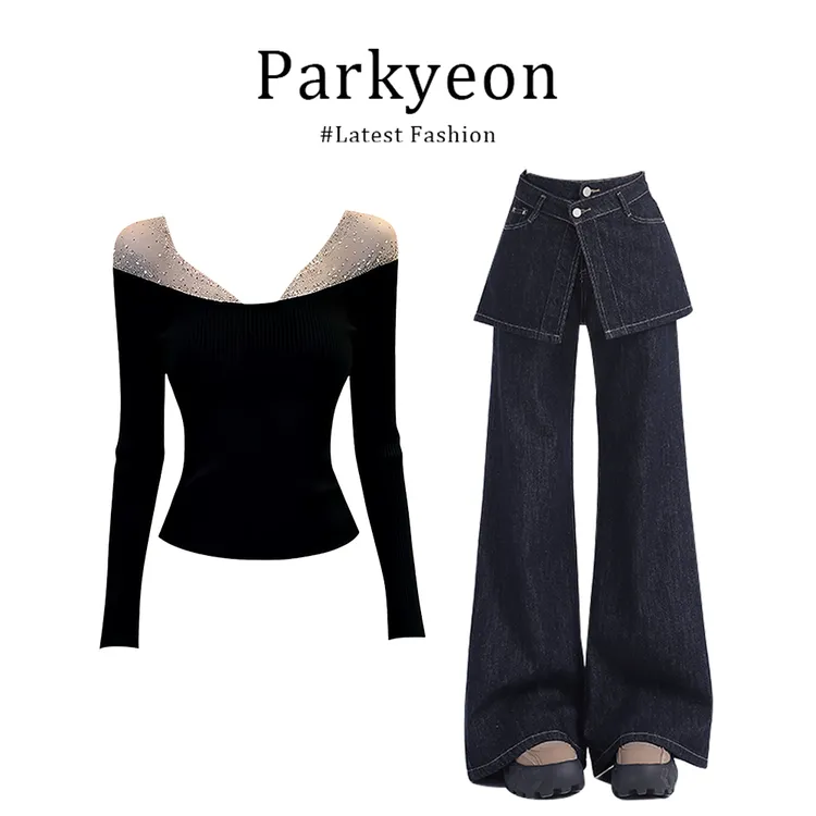 MARIE.COCO冬季新款时髦重工烫钻一字肩针织衫假两件牛仔裤两件套