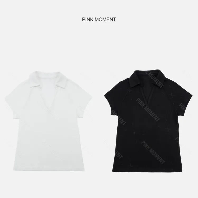 PM王囡囡 白/黑色V领翻领短袖上衣 ND1B1105