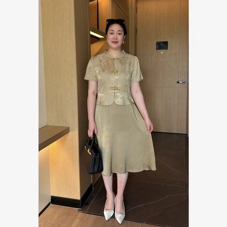 新中式盘扣假两件连衣裙女夏新款复古国风轻奢高级感印花短袖裙子