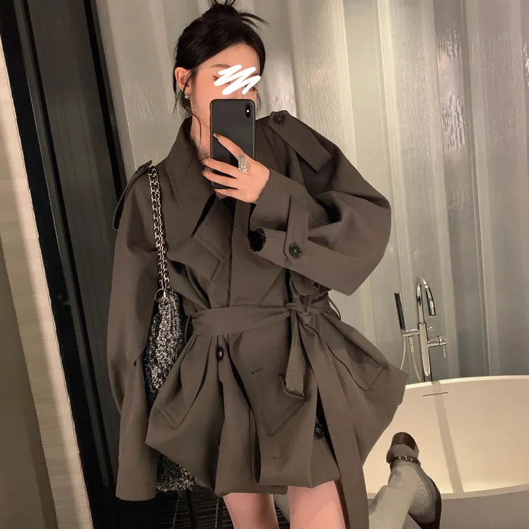 区区欧阳系带风衣外套女秋季新款小个子复古休闲中长款高级感大衣