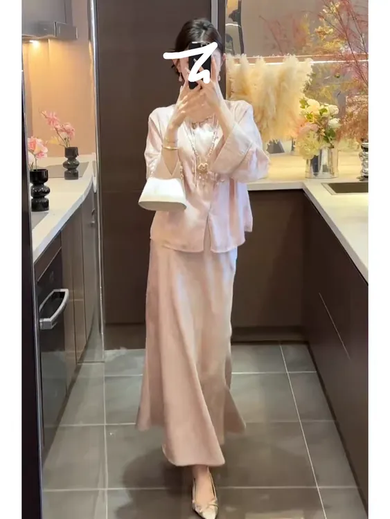 秋季清冷贵气感穿搭重要场合漂亮女神范高端新中式国风粉色套装裙