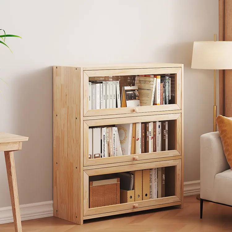实木书架落地置物架一体靠墙书柜儿童简易收纳柜子学生客厅家用