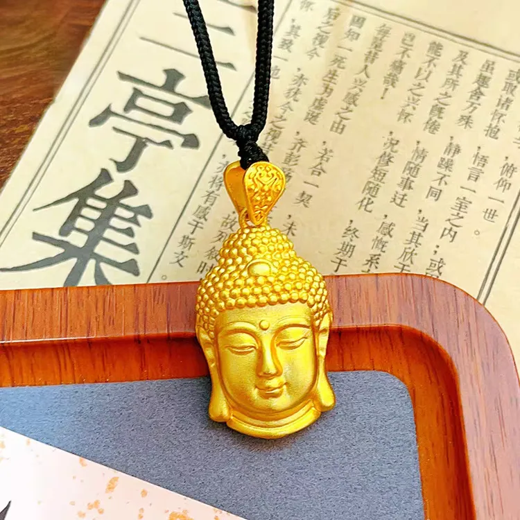 黄铜吊坠 新中式平安佛头吊坠项链古法镀金手工编织男女同款挂坠