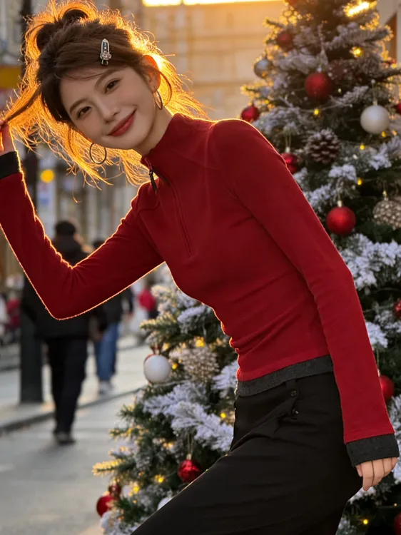 双面德绒半拉链立领长袖T恤女秋冬新款百搭洋气打底衫保暖上衣