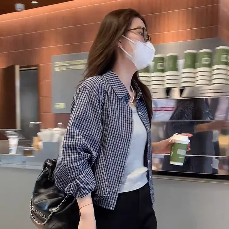 港风小个子短款格子衬衫女2025早秋新款韩版宽松休闲百搭上衣外搭