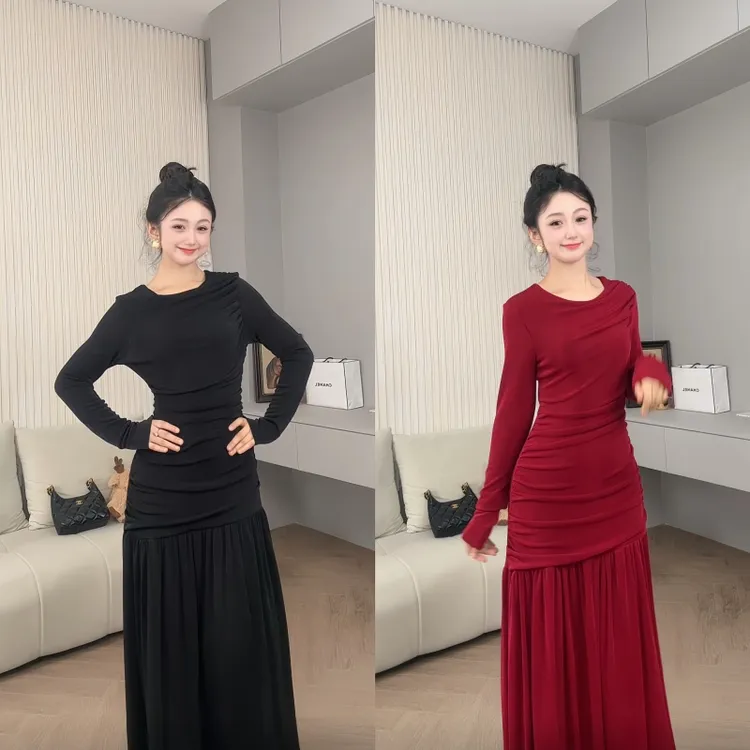 saeda品牌女装褶皱收腰法式显瘦气质礼服裙YF4568