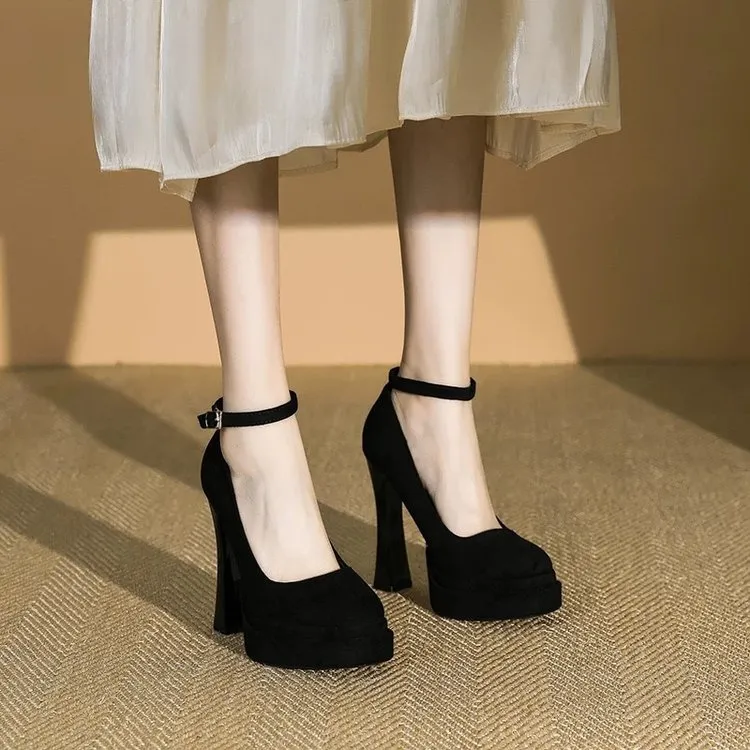 足主流小个子绒面玛丽珍高跟鞋2025秋季新款粗跟防水台百搭婚鞋