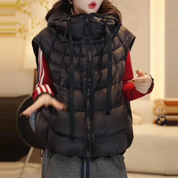 休闲百搭宽松连帽棉服马甲女2025秋冬季新款时尚纯色拉链马夹外套