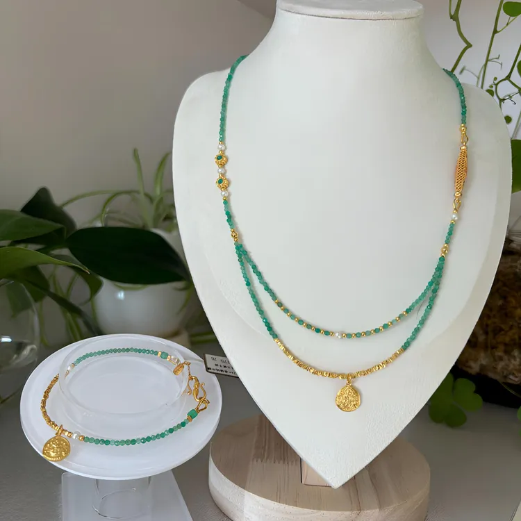 绿玉髓配S925银镀金镀高保色纳米膜项链手链时尚中古风