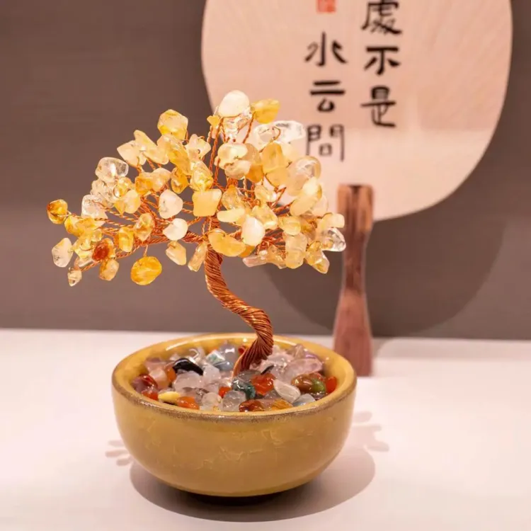 水晶原石发财树摆件造型树桌面书房办公室灵摆创意手工生日礼物