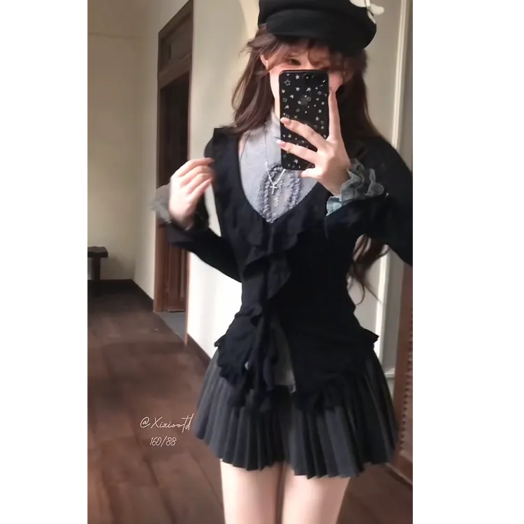 甜辣心结 初秋新款纯欲风甜辣修身温婉大方显瘦上衣开衫半裙套装