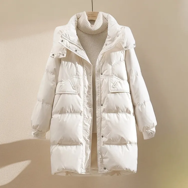 冬季橙色连帽韩板棉服女中长款保暖派克服外套小个子高级感防寒