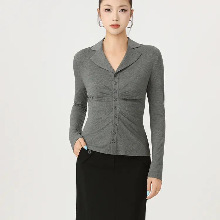 哥弟阿玛施正品2025秋装新款时尚百搭V领捏褶衬衣长袖衬衫女上衣