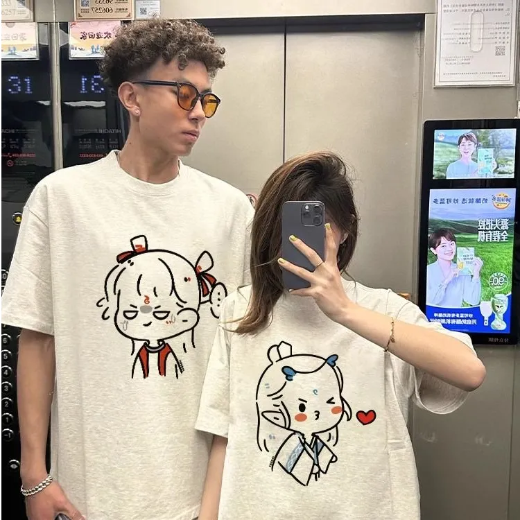 大码300斤哪吒敖丙印花情侣短袖夏季新款小众卡通纯棉五分袖上衣