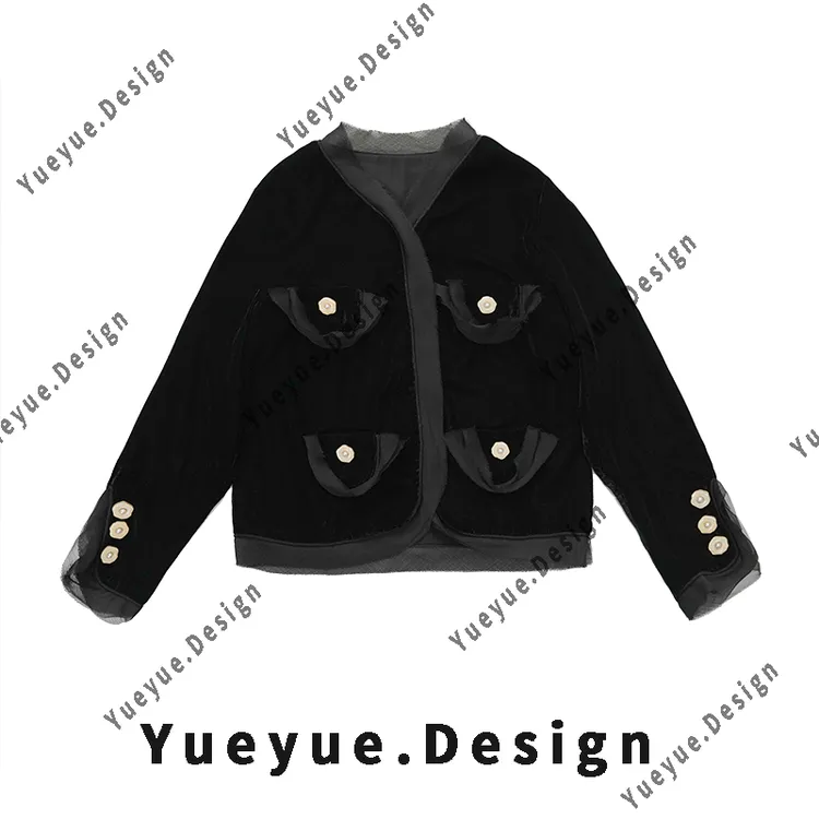 【悦悦专属】小香风纽扣网纱拼接丝绒长袖Y637