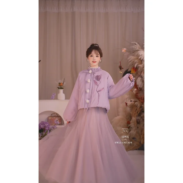 瑶西【紫郁金香】冬季立体毛球郁金香厚外套仙雾紫加绒半身汉服套装