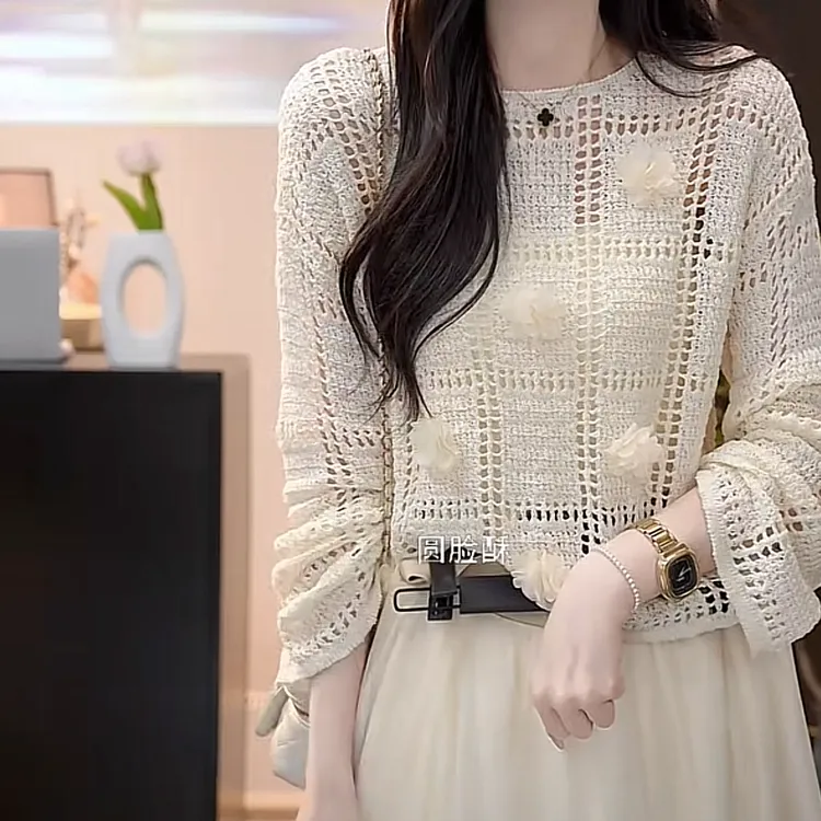 设计感温柔气质镂空蕾丝针织衫女2025春季新款法式罩衫长袖上衣