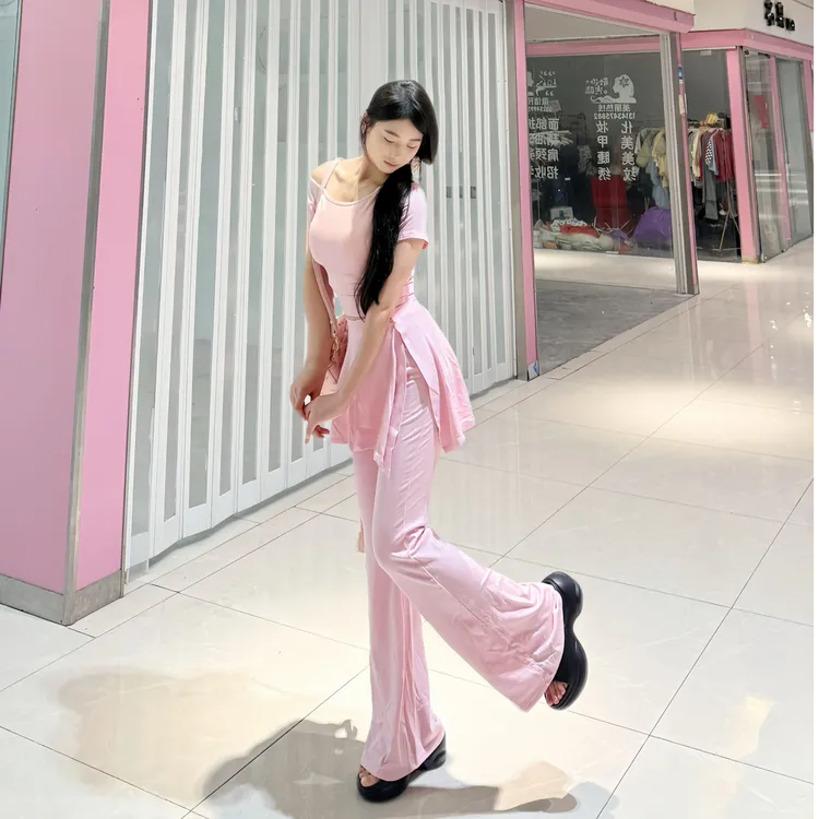 现货斜肩少女风阔腿裤纯欲风时尚套装气质百搭辣妹风长裤运动夏季