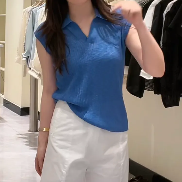 夏季新款Polo领修身T恤025年夏季新款时尚圆领短袖显瘦无袖T恤