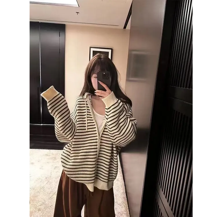 杏色抽绳连帽条纹针织开衫女秋季韩版宽松百搭加厚上衣毛衣外套