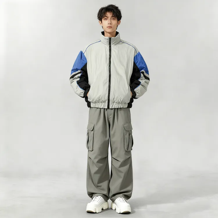 日韩系运动休闲宽松短款拼接立领棉服美式复古拼色棉衣外套中性风