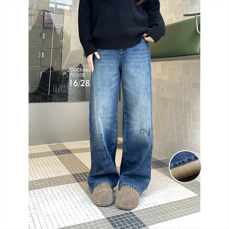 裂渡宣宣【涂鸦牛仔】复古印花阔腿裤女冬加绒百搭牛仔裤ZY510R31