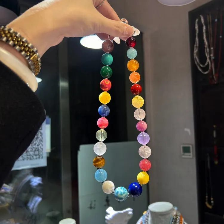 朱珠同款精品天然水晶多宝圆珠款项链绿幽灵白水晶海纹石虎眼石