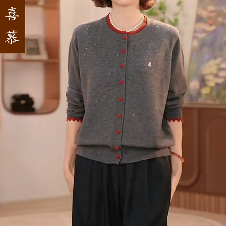 2025年秋季新款拼色木耳圆领单排扣烫钻长袖妈妈针织开衫上衣外搭