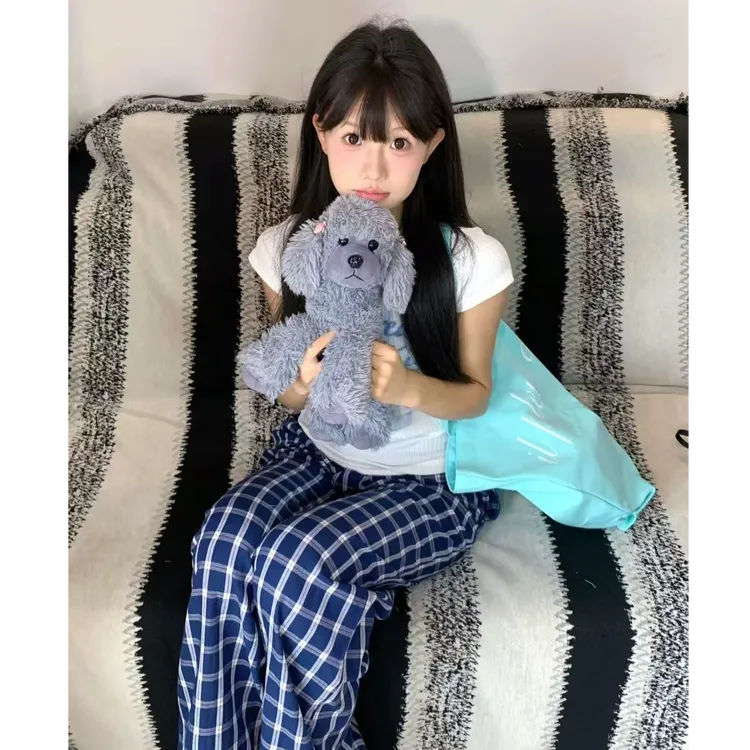 白色短袖T恤宽松慵懒蓝色格子裤小个子裤子时尚阔腿格纹裤套装女