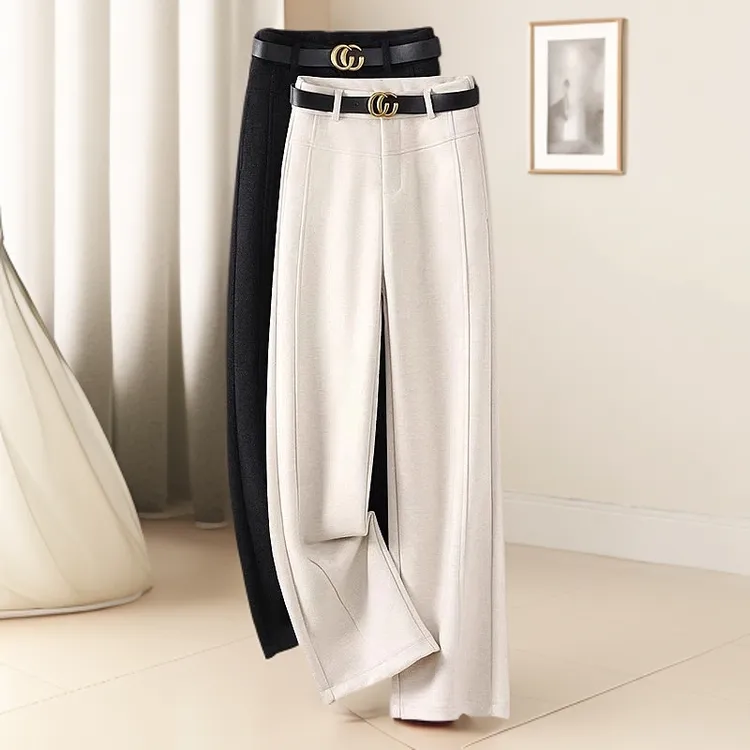 毛呢直筒裤子女秋冬季2024新款羊毛阔腿裤高腰休闲加绒加厚糯米裤