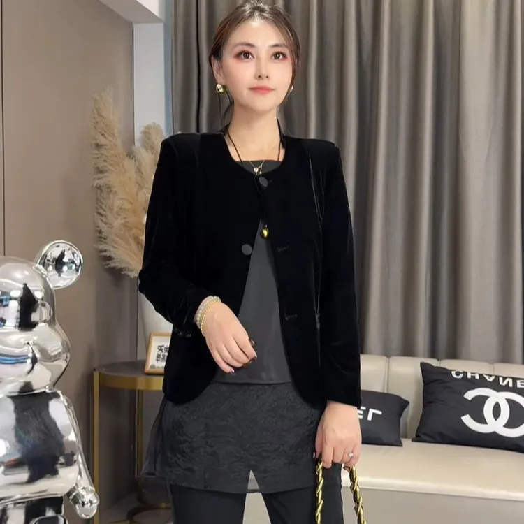 丝绒短外套圆领短款韩版女休闲长袖宽松型极简风秋季#25815上衣