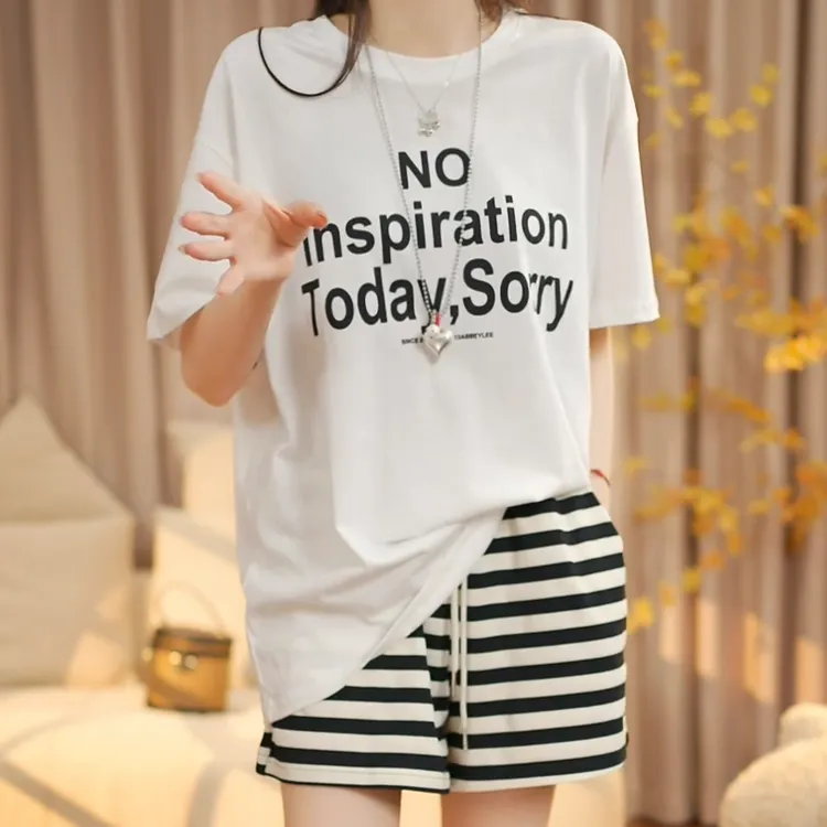 夏季短袖短裤套装时尚字母潮流上衣+百搭条纹短裤洋气两件套C5195